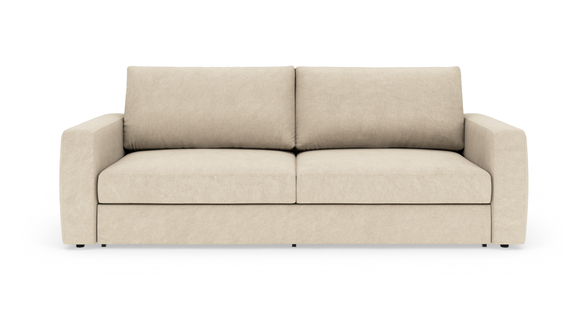 Beige 3‑personers sofa med rette armlæn, frontvisning på hvid baggrund.