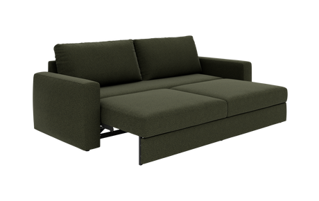 Mørkegrøn sovesofa i moderne design, trukket ud til sengestilling med to ryghynder.
