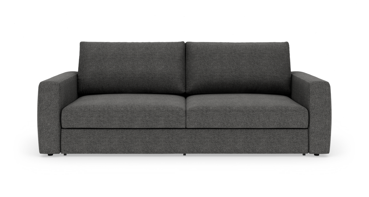 Mørkegrå, moderne sofa set forfra mod hvid baggrund.