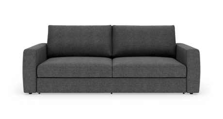 Mørkegrå, moderne sofa set forfra mod hvid baggrund.
