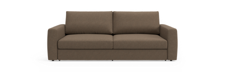Brun 2-personers sofa med lige armlæn, frontvisning på sort baggrund.