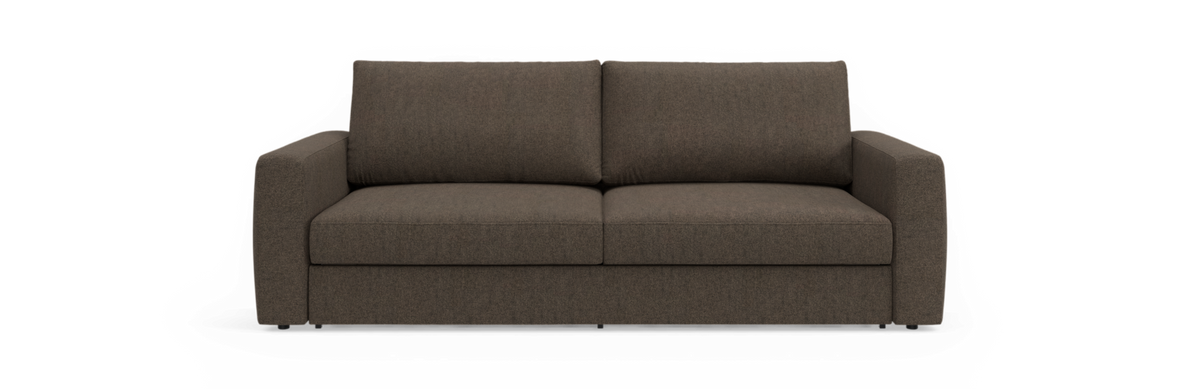 Brun todelt/2-personers sofas i stof, frontvisning på sort baggrund.