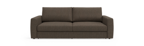 Brun todelt/2-personers sofas i stof, frontvisning på sort baggrund.