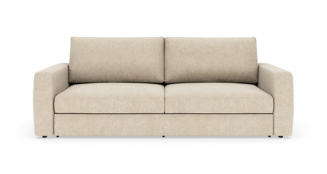 Beige stofsofa med to sæde- og ryghynder og lige armlæn, frontvist mod hvid baggrund.