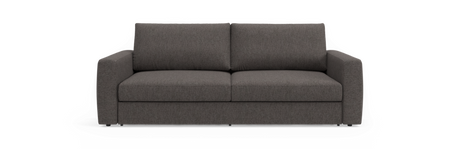 Mørkegrå 2-personers stofsofa set forfra på sort baggrund.