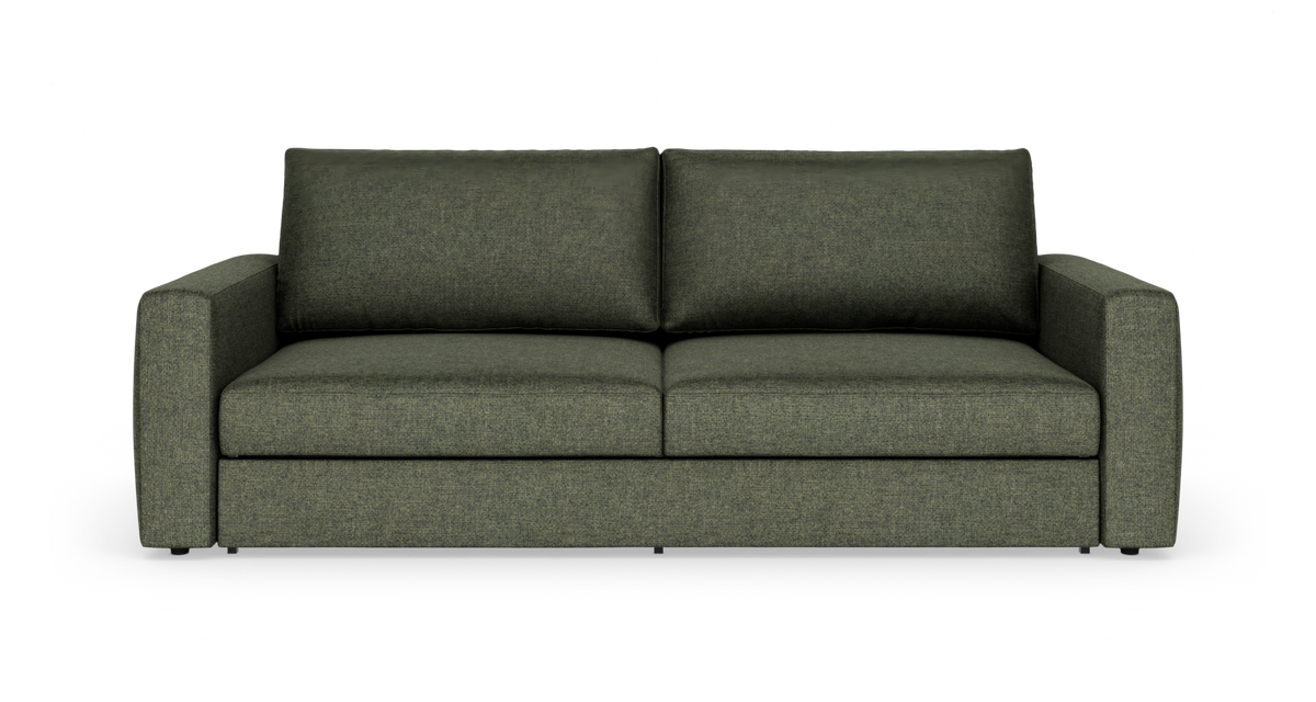 Grøn stofsofa med lige armlæn og to ryghynder, fritlagt set forfra.