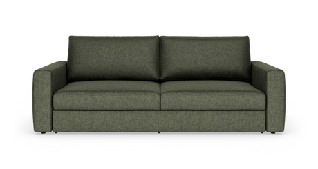 Grøn stofsofa med lige armlæn og to ryghynder, fritlagt set forfra.