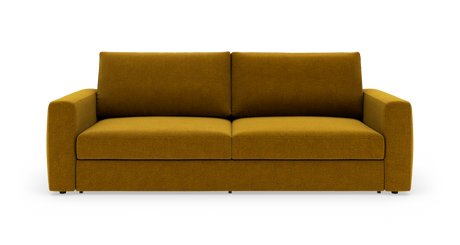 Sennepsgul tosæders sofa med lige armlæn på hvid baggrund.