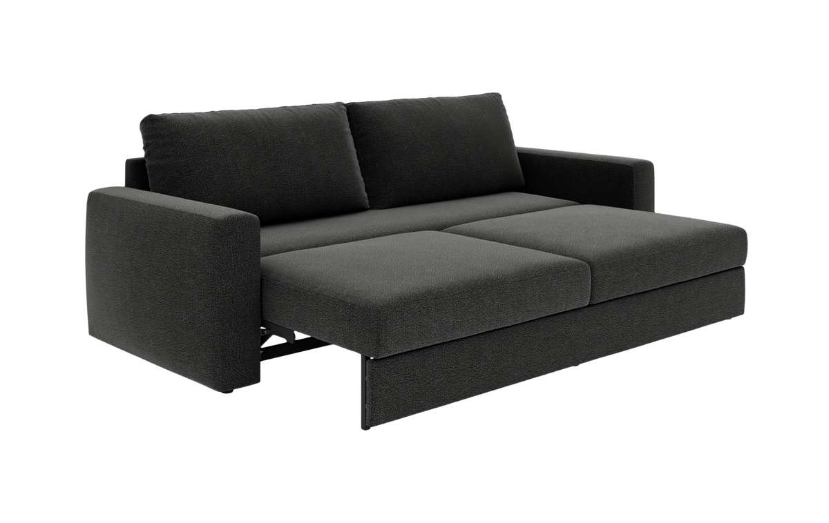 Mørkegrå sovesofa i moderne design, vist udslået med to ryghynder.