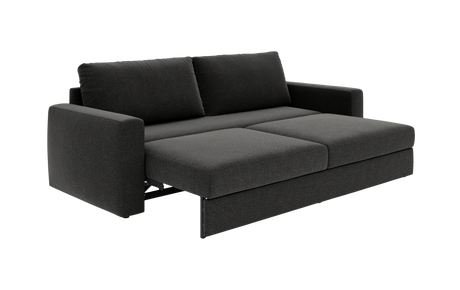 Mørkegrå sovesofa i moderne design, vist udslået med to ryghynder.