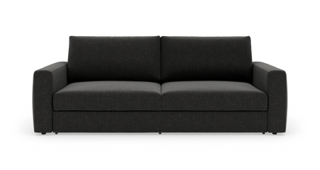 Mørkegrå tresæders sofa set forfra på hvid baggrund.