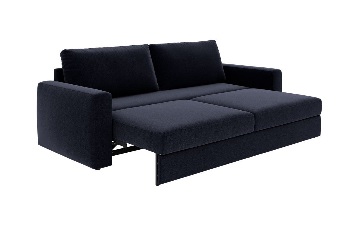 Mørkeblå sovesofa i moderne design, vist i udfoldet position.