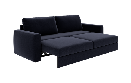 Mørkeblå sovesofa i moderne design, vist i udfoldet position.