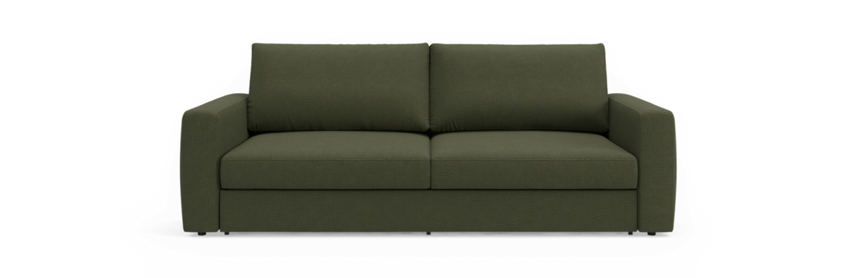 Mørkegrøn 2-personers sofa i frontvisning mod sort baggrund.