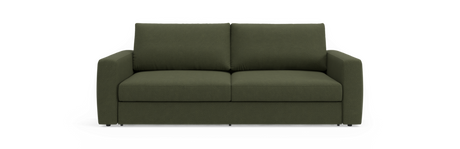 Mørkegrøn 2-personers sofa i frontvisning mod sort baggrund.