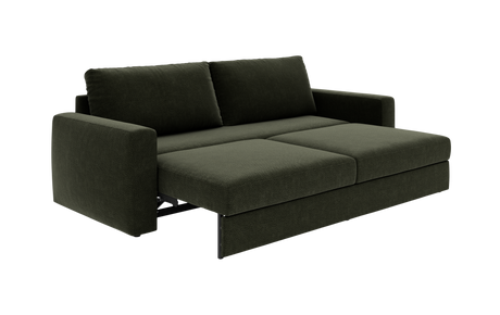 Mørkegrøn sovesofa med udtrukket liggedel, to rygpuder og lige armlæn, frilagt mod hvid baggrund.