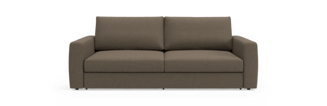 Brun todelt stofsofa med lige armlæn, frontvisning mod neutral baggrund.
