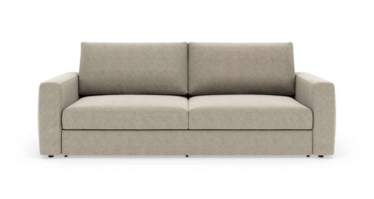 Beige 3-personers sofa med rette armlæn, frontvisning på hvid baggrund.