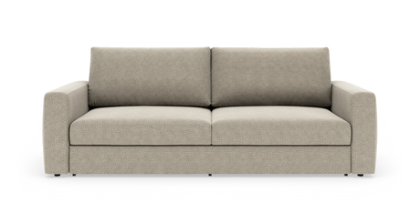 Beige 3-personers sofa med rette armlæn, frontvisning på hvid baggrund.