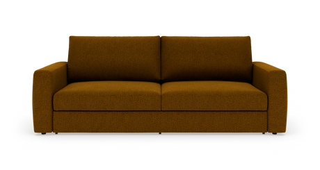 Brun sofa med lige armlæn og to sæde- og ryghynder, frilagt på hvid baggrund.