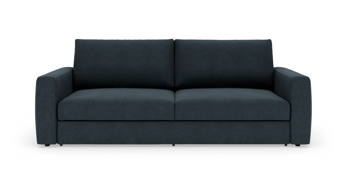 Mørkeblå 3-personers sofa med lige armlæn, frontvisning på hvid baggrund.