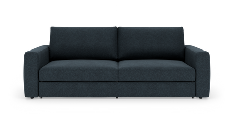 Mørkeblå 3-personers sofa med lige armlæn, frontvisning på hvid baggrund.