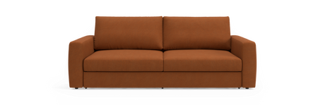 Rustbrun tosædersofa med lige armlæn, set forfra mod sort baggrund.
