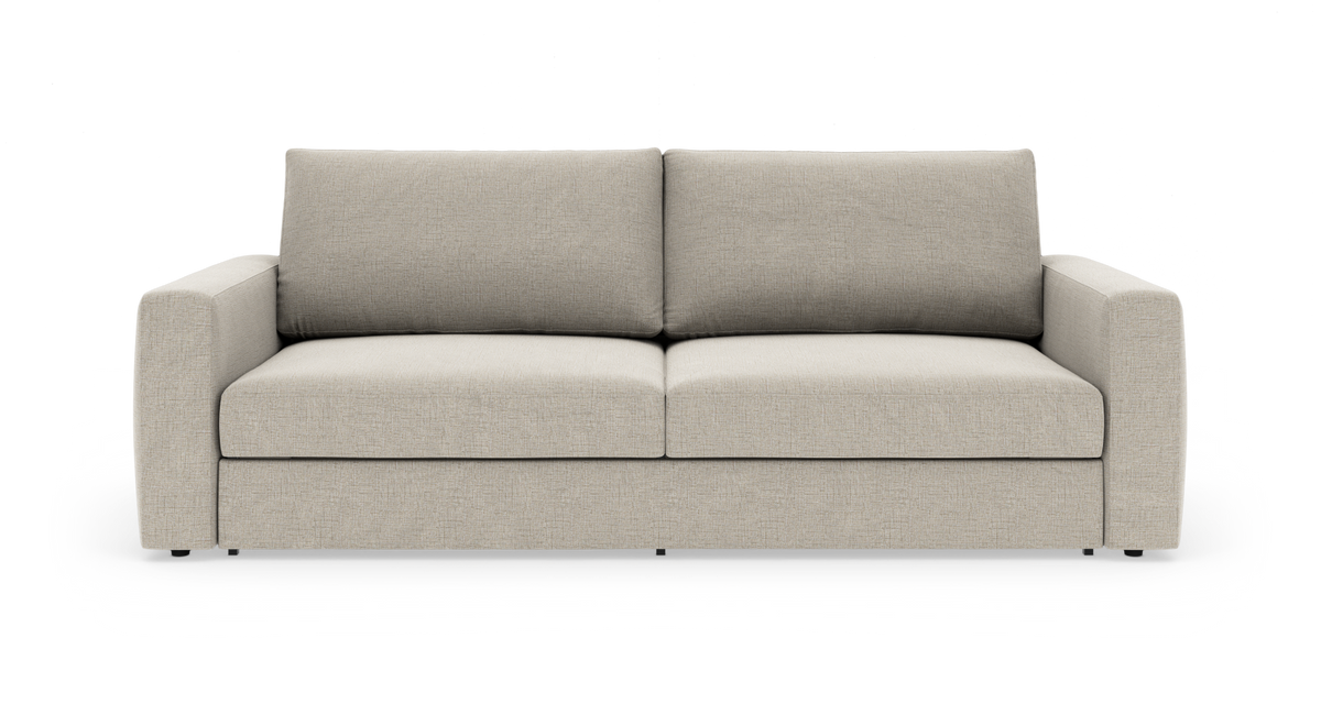 Beige sofa med rette armlæn, to sædehynder og to ryghynder på hvid baggrund.