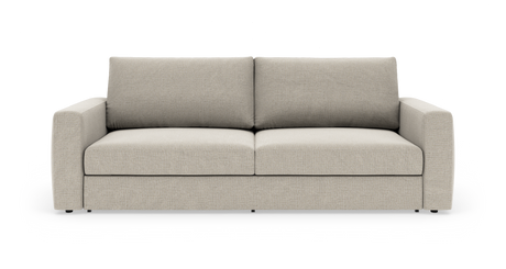 Beige sofa med rette armlæn, to sædehynder og to ryghynder på hvid baggrund.