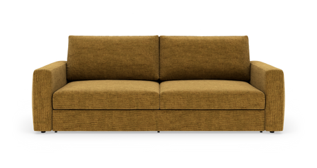 Moderne sennepsgul stofsofa med lige armlæn, frontvisning på hvid baggrund.