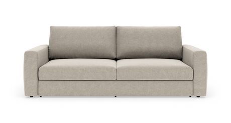 Beige 3-personers sofa med rette armlæn og to ryghynder, frilagt på hvid baggrund.
