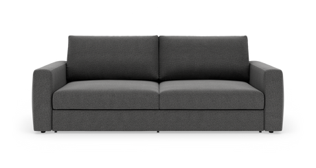Mørkegrå, moderne 3-personers stofsofa med lige armlæn, to sædehynder og to ryghynder, frilagt på hvid baggrund set lige forfra.