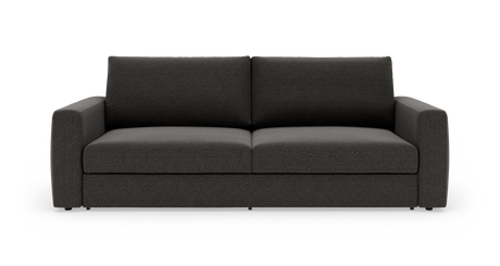 Mørkegrå tosæders sofa i stof med rette armlæn, frontal produktbillede på hvid baggrund.
