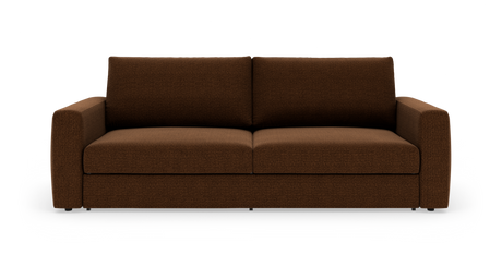 Brun tresæders sofa set forfra, enkel og moderne på hvid baggrund.