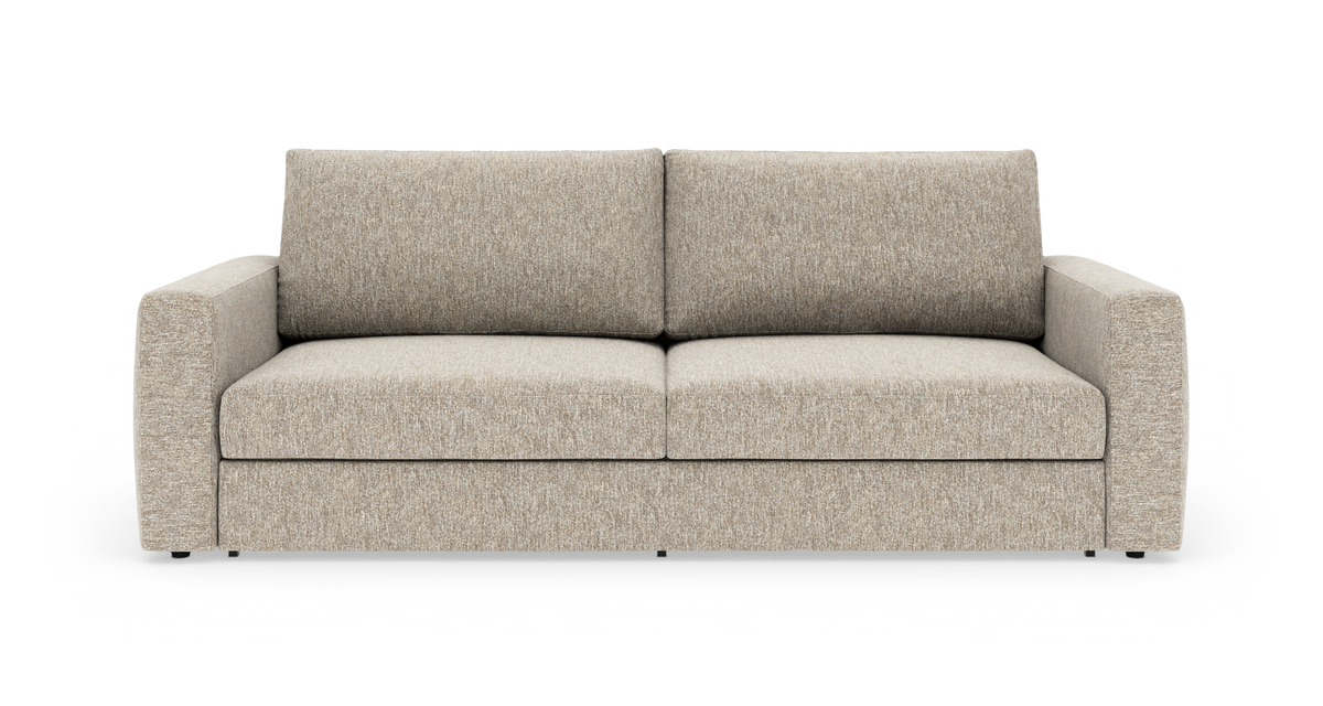Beige, moderne sofa med lige armlæn og to sædehynder, frilagt på hvid baggrund.