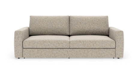 Beige, moderne sofa med lige armlæn og to sædehynder, frilagt på hvid baggrund.