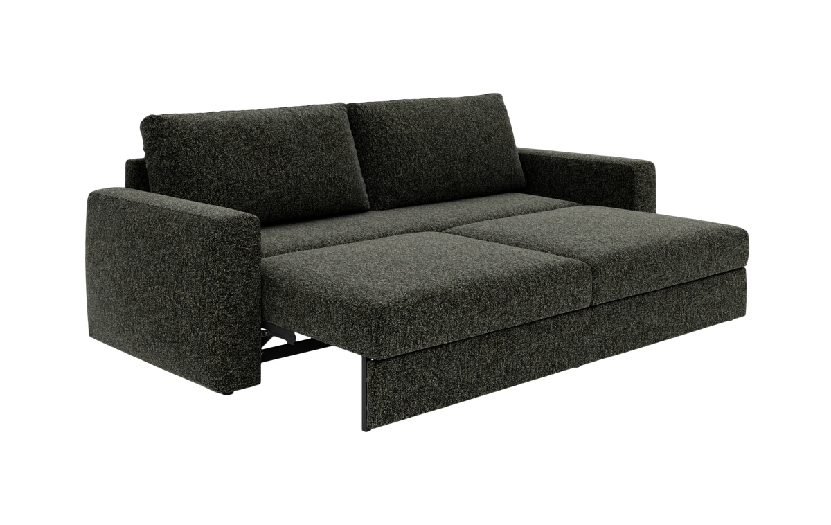 Mørkegrå sovesofa i moderne design, udfoldet til sengeleje.