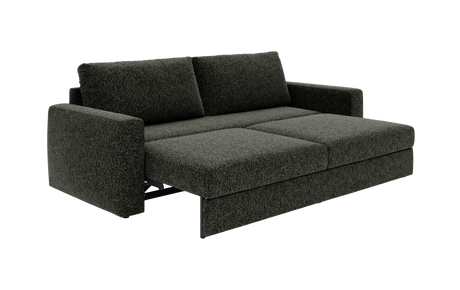 Mørkegrå sovesofa i moderne design, udfoldet til sengeleje.