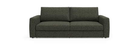Mørkegrøn 2-personers sofa med lige armlæn, frontvisning.