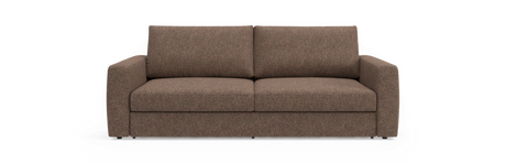 Brun 2-personers sofa med lige armlæn, frontvisning mod sort baggrund.