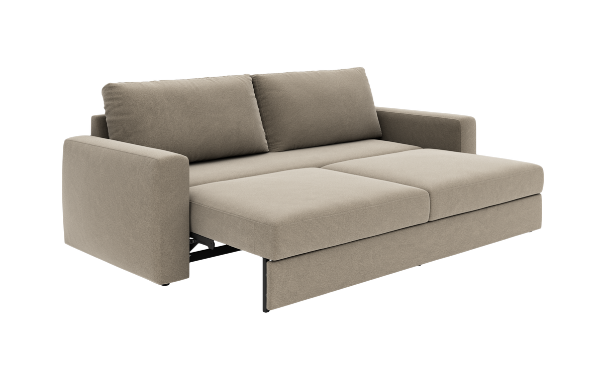 Beige sovesofa i udfoldet position med to ryghynder og lige armlæn.