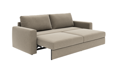 Beige sovesofa i udfoldet position med to ryghynder og lige armlæn.