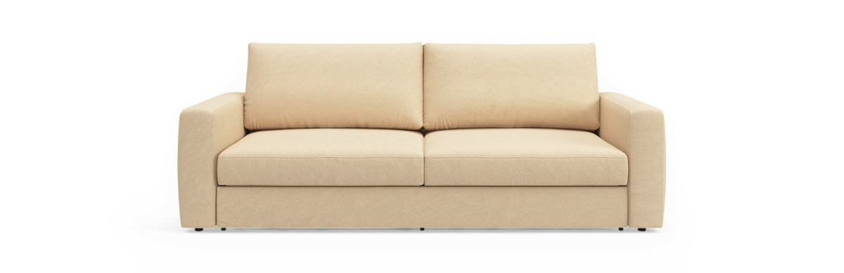 Beige 2-personers sofa med lige armlæn og to ryghynder, frilagt forfra.