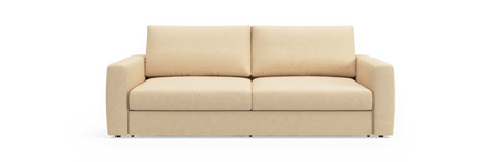 Beige 2-personers sofa med lige armlæn og to ryghynder, frilagt forfra.