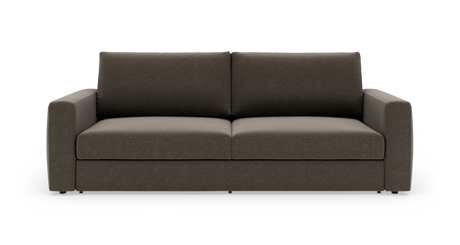 Mørkegrå stofsofa med tre pladser set forfra på hvid baggrund.