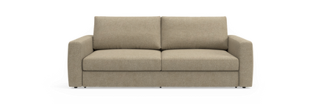 Beige to-personers sofa med lige armlæn og løse ryghynder, fotograferet forfra mod sort baggrund.