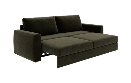 Mørk olivengrøn sovesofa i tekstil, trukket ud til seng i trekvartsvinkel.