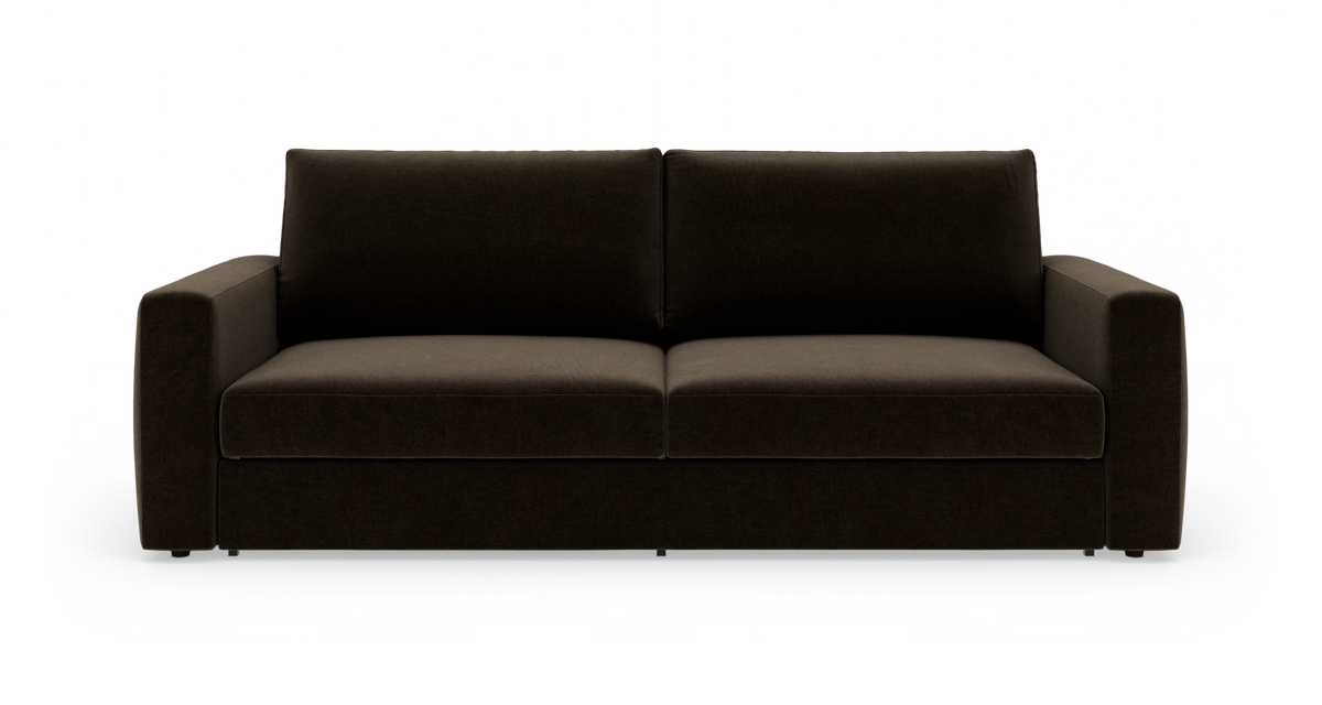 Mørkebrun moderne sofa med lige armlæn, fritlagt på hvid baggrund.