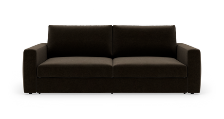 Mørkebrun moderne sofa med lige armlæn, fritlagt på hvid baggrund.