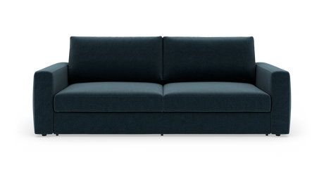 Mørkeblå, lige 3-personers sofa med brede armlæn, frontvisning mod hvid baggrund.